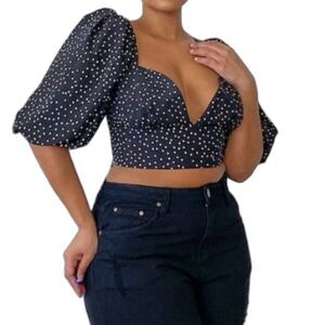 PrettyLittleThing polka-dot puffy sleeve structured crop top size 24 NWT